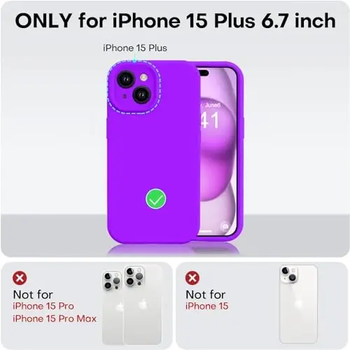 Vooii iPhone 15 Plus g‘ilofi bilan mos keladi, Suyuq silikonni yangilash [Kengaytirilgan kamera himoyasi] [Yumshoq tirnalishga qarshi mikrofiber astar] iPhone 15 Plus 6,7 dyuym uchun zarbga chidamli telefon g‘ilofi - Neon binafsha - 5