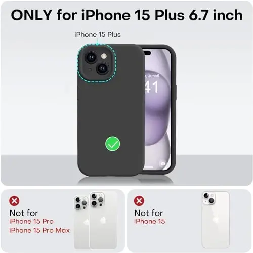 Vooii iPhone 15 Plus g‘ilofi bilan mos keladi, suyuq silikonni yangilash [kuchaytirilgan kamera himoyasi] [yumshoq tirnalishga qarshi mikrofiber astar] iPhone 15 Plus 6,7 dyuym uchun zarbga chidamli telefon g‘ilofi - qora - 5