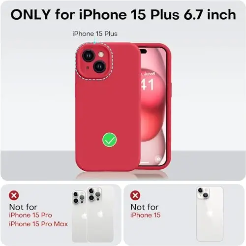 Vooii iPhone 15 Plus g‘ilofi bilan mos, Suyuq silikonni yangilash [Kamera himoyasini kuchaytirilgan] [Yumshoq tirnalishga qarshi mikrofiber astar] iPhone 15 Plus 6,7 dyuym uchun zarbga chidamli telefon g‘ilofi - Qizil - 5