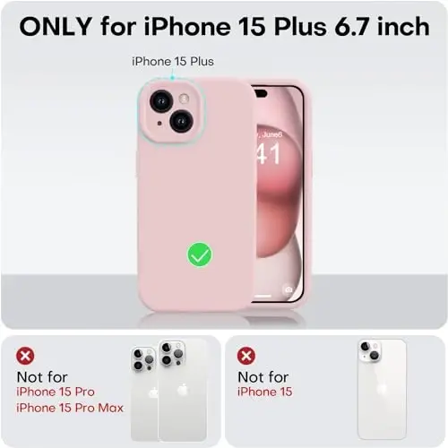 Vooii iPhone 15 Plus g‘ilofi bilan mos, Suyuq silikonni yangilash [Kengaytirilgan kamera himoyasi] [Yumshoq tirnalishga qarshi mikrofiber astar] iPhone 15 Plus 6,7 dyuym uchun zarbga chidamli telefon g‘ilofi - Pushti qum - 5