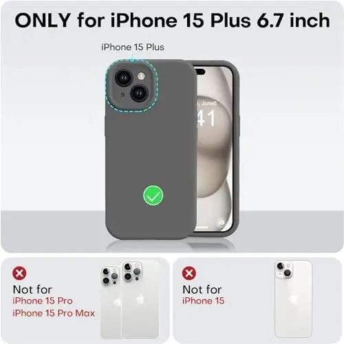 Vooii iPhone 15 Plus uchun g‘ilof bilan mos, Suyuq silikonni yangilash [Kamera himoyasini kuchaytirilgan] [Yumshoq tirnalishga qarshi mikrofiber astar] iPhone 15 Plus 6,7 dyuym uchun zarbga chidamli telefon g‘ilofi - To‘q kulrang - 5
