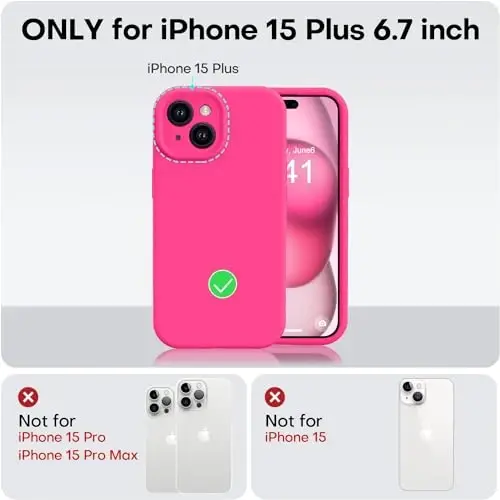 Vooii iPhone 15 Plus uchun g‘ilof, suyuq silikon [kamera himoyasi kuchaytirilgan] [yumshoq chizilishga qarshi mikrofiber astar] iPhone 15 Plus 6.7 dyuym uchun zarbga chidamli telefon g‘ilofi - To‘q pushti - 5
