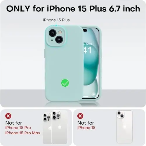 Vooii iPhone 15 Plus uchun g‘ilof, suyuq silikon [kuchaytirilgan kamera himoyasi] [yumshoq tirnalishga qarshi mikrofiber astar] iPhone 15 Plus 6.7 dyuym uchun zarbga chidamli telefon g‘ilofi - yalpiz - 5