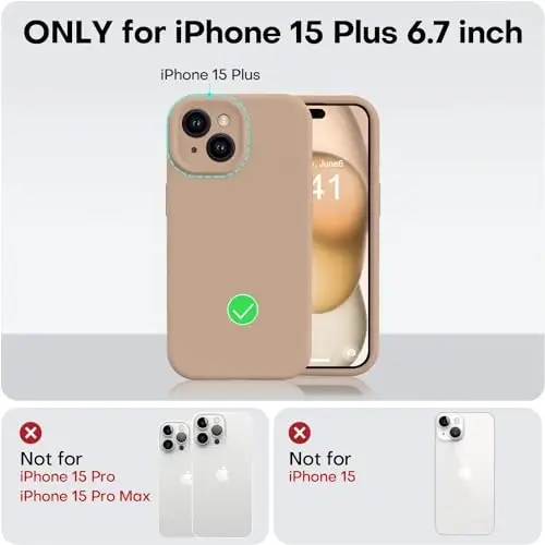 Vooii iPhone 15 Plus uchun g‘ilof, suyuq silikon [kuchaytirilgan kamera himoyasi] [yumshoq tirnalishga qarshi mikrofiber astar] zarbga chidamli telefon g‘ilofi iPhone 15 Plus 6,7 dyuym - och jigarrang - 5