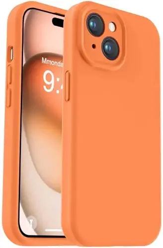 Vooii iPhone 15 Plus uchun g‘ilofga mos keladi, Suyuq silikon [Kengaytirilgan kamera himoyasi] [Yumshoq tirnalishga qarshi mikrofiber astar] iPhone 15 Plus 6,7 dyuym uchun zarbga chidamli telefon g‘ilofi - Yorqin apelsin 