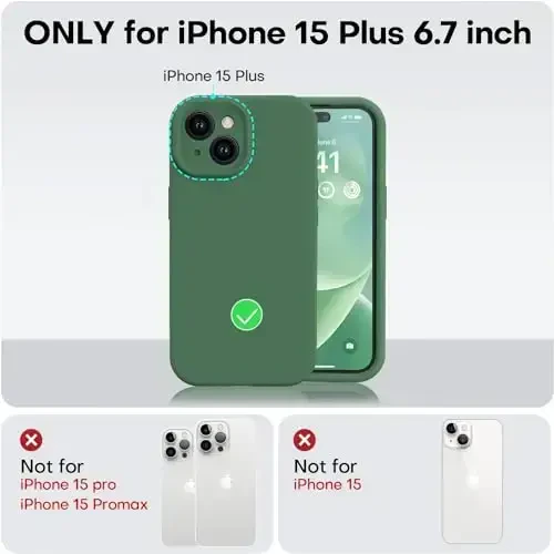 Vooii iPhone 15 Plus uchun mos keladigan g‘ilof, suyuq silikondan yangilangan [Kamera himoyasi kuchaytirilgan] [Yumshoq tirnalishga qarshi mikrofiber astar] iPhone 15 Plus 6.7 dyuym uchun zarbga chidamli telefon g‘ilofi - Yashil - 5
