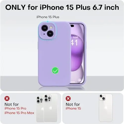 Vooii iPhone 15 Plus uchun mos keladigan g'ilof, yangilangan suyuq silikon [kuchaytirilgan kamera himoyasi] [yumshoq tirnalishga qarshi mikrofiber astar] iPhone 15 Plus 6,7 dyuym uchun zarbga chidamli telefon g'ilofi - och binafsha - 5