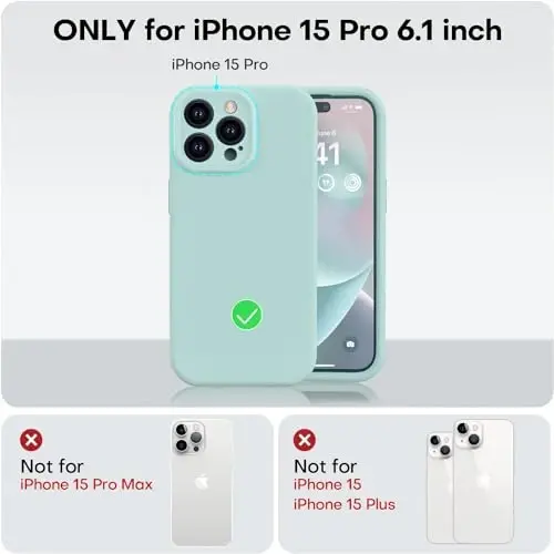 Vooii iPhone 15 Pro g'ilofi bilan mos, Defender suyuq silikonini yangilash, [Kamera himoyasi kuchaytirilgan] [Yumshoq tirnalishga qarshi mikrofiber astar] Zarba o'tkazmaydigan telefon g'ilofi iPhone 15 Pro 6.1 dyuym - Mint - 5