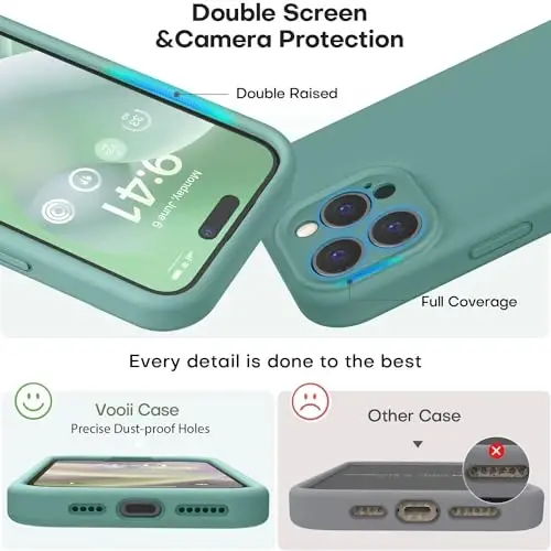 Vooii iPhone 15 Pro g‘ilofi bilan mos, Defender suyuq silikonini yangilash, [kamera himoyasi kuchaytirilgan] [yumshoq tirnalishga qarshi mikrofiber astar] zarbga chidamli telefon g‘ilofi iPhone 15 Pro 6.1 dyuym - qarag‘ay yashili - 3