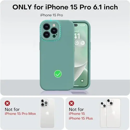 Vooii iPhone 15 Pro g‘ilofi bilan mos, Defender suyuq silikonini yangilash, [kamera himoyasi kuchaytirilgan] [yumshoq tirnalishga qarshi mikrofiber astar] zarbga chidamli telefon g‘ilofi iPhone 15 Pro 6.1 dyuym - qarag‘ay yashili - 5