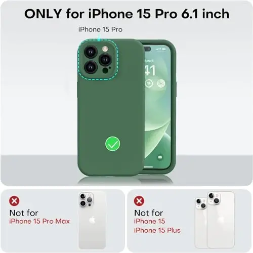 Vooii iPhone 15 Pro g‘ilofi bilan mos, Defender suyuq silikonini yangilash, [Kengaytirilgan kamera himoyasi] [Yumshoq tirnalishga qarshi mikrofiber astar] Zarba o‘tkazmaydigan telefon g‘ilofi iPhone 15 Pro 6.1 dyuym - Yashil - 5