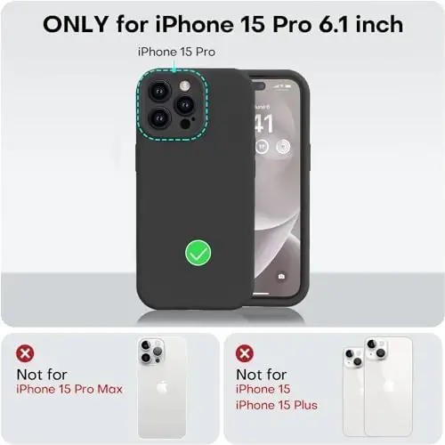 Vooii iPhone 15 Pro g‘ilofi bilan mos, Defender suyuq silikonni yangilang, [Kamera himoyasi kuchaytirilgan] [Yumshoq tirnalishga qarshi mikrofiber astar] iPhone 15 Pro 6.1 dyuym uchun zarbga chidamli telefon g‘ilofi - Qora - 5