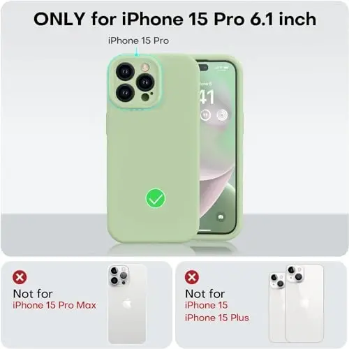 Vooii iPhone 15 Pro g'ilofi bilan mos keladi, Defender suyuq silikonini yangilang, [Kamera himoyasi kuchaytirilgan] [Yumshoq tirnalishga qarshi mikrofiber astar] zarbga chidamli telefon g'ilofi iPhone 15 Pro 6.1 dyuym - Matcha - 5