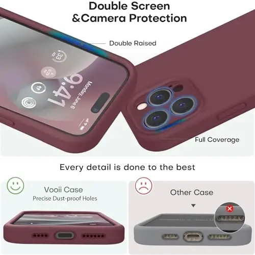 Vooii iPhone 15 Pro g'ilofi bilan mos keladi, Defender suyuq silikonini yangilang, [Kamera himoyasi kuchaytirilgan] [Yumshoq tirnashga qarshi mikrofiber astar] zarbga chidamli telefon g'ilofi iPhone 15 Pro 6.1 dyuym - Olxo'ri - 3