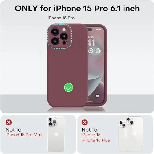 Vooii iPhone 15 Pro g'ilofi bilan mos keladi, Defender suyuq silikonini yangilang, [Kamera himoyasi kuchaytirilgan] [Yumshoq tirnashga qarshi mikrofiber astar] zarbga chidamli telefon g'ilofi iPhone 15 Pro 6.1 dyuym - Olxo'ri - 5