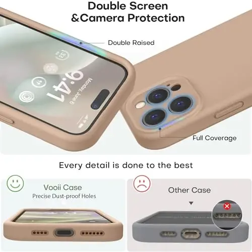 Vooii iPhone 15 Pro g‘ilofi bilan mos keladi, suyuq silikonni yangilang, [kamera himoyasi kuchaytirilgan] [yumshoq tirnalishga qarshi mikrofiber astar] zarbga chidamli telefon g‘ilofi iPhone 15 Pro 6.1 dyuym - och jigarrang - 3
