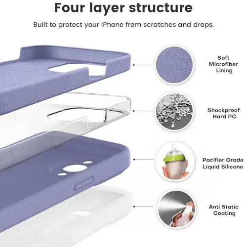 Vooii iPhone 15 Pro g'ilofi bilan mos keladi, Suyuq silikonni yangilash, [Kamera himoyasi kuchaytirilgan] [Yumshoq tirnalishga qarshi mikrofiber astar] Zarba o'tkazmaydigan telefon g'ilofi iPhone 15 Pro 6.1 dyuym - Lavanda kulrang - VOOII (1)