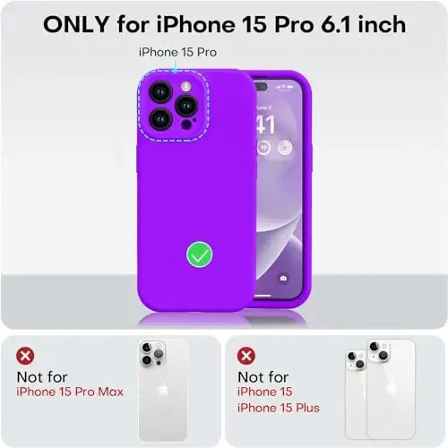 Vooii iPhone 15 Pro g‘ilofi bilan mos keladi, Suyuq silikonni yangilash, [Kamera himoyasini kuchaytirish] [Yumshoq tirnalishga qarshi mikrofiber astar] iPhone 15 Pro 6.1 dyuymli zarbga chidamli telefon g‘ilofi - Neon binafsha - 5