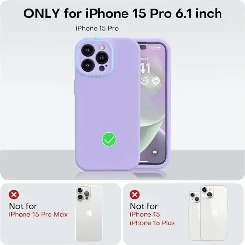 Vooii iPhone 15 Pro g‘ilofi bilan mos, yangilangan suyuq silikon, [kuchaytirilgan kamera himoyasi] [yumshoq tirnalishga qarshi mikrofiber astar] zarbga chidamli telefon g‘ilofi iPhone 15 Pro 6.1 dyuym - och binafsha - 5