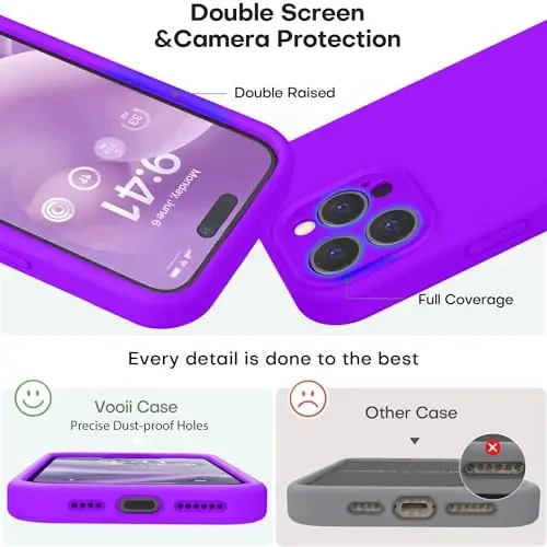 Vooii Compatible with iPhone 15 Pro Case, Upgrade Liquid Silicone, [Enhanced Camera Protection] [Soft Anti-Scratch Microfiber Lining] Shockproof Phone Case iPhone 15 Pro 6.1 inch - Neon Purple - 3