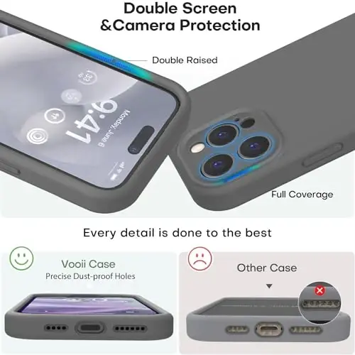 Vooii Compatible with iPhone 15 Pro Case, Upgrade Defender Liquid Silicone, [Enhanced Camera Protection] [Soft Anti-Scratch Microfiber Lining] Shockproof Phone Case iPhone 15 Pro 6.1 inch - Dark Grey - 3