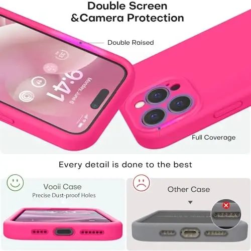 Vooii Compatible with iPhone 15 Pro Case, Upgrade Defender Liquid Silicone, [Enhanced Camera Protection] [Soft Anti-Scratch Microfiber Lining] Shockproof Phone Case iPhone 15 Pro 6.1 inch - Hot Pink - 3