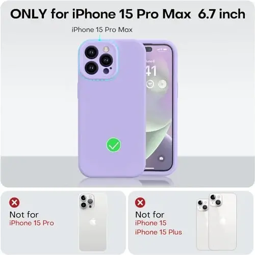 Vooii iPhone 15 Pro Max bilan mos keladigan g'ilof, yangilangan Premium silikon, [Kamera himoyasi] [Yumshoq tirnalishga qarshi mikrofiber astar] iPhone 15 Pro Max 6.7 dyuym uchun zarbaga chidamli telefon g'ilofi - och binafsha - 5