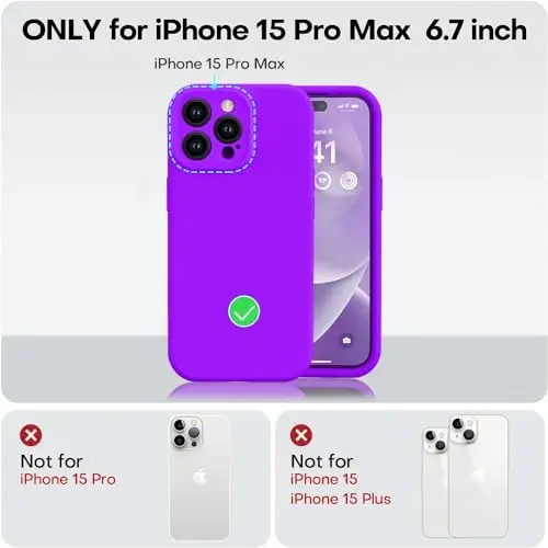 Vooii iPhone 15 Pro Max g‘ilofi bilan mos, yangilangan Premium silikon, [Kamera himoyasi] [Yumshoq chizishga qarshi mikrofiber astar] iPhone 15 Pro Max 6.7 dyuym uchun zarbga chidamli telefon g‘ilofi - Neon binafsha - 5