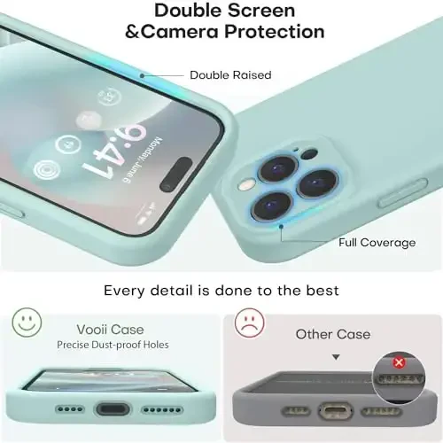 Vooii iPhone 15 Pro Max g‘ilofi bilan mos, yangilangan Premium silikon, [Kamera himoyasi] [Yumshoq tirnalishga qarshi mikrofiber astar] iPhone 15 Pro Max 6.7 dyuym uchun zarbga chidamli telefon g‘ilofi - Mint - 3