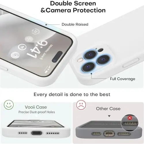 Vooii iPhone 15 Pro Max uchun mos g'ilof, Yangilangan premium silikon, [Kamerani himoyalash] [Yumshoq tirnalishga qarshi mikrotola qoplamasi] iPhone 15 Pro Max 6.7 dyuym uchun zarbaga chidamli telefon g'ilofi - Oq - 3