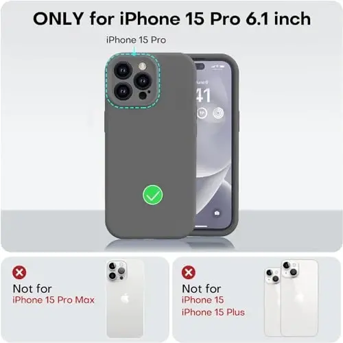 Vooii iPhone 15 Pro uchun g‘ilof bilan mos, Defender suyuq silikonni yangilang, [Kamera himoyasi kuchaytirilgan] [Yumshoq tirnalishga qarshi mikrofiber astar] Zarba o‘tkazmaydigan telefon g‘ilofi iPhone 15 Pro 6.1 dyuym - To‘q kulrang - 5