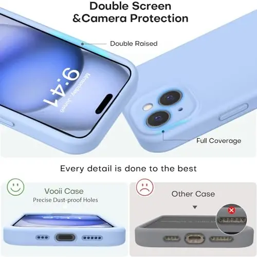 Vooii iPhone 15 uchun g‘ilof bilan mos keladi, Defender suyuq silikonni yangilash, [Kamera himoyasi kuchaytirilgan] [Yumshoq tirnalishga qarshi mikrofiber astar] iPhone 15 6.1 dyuym uchun zarbga chidamli telefon g‘ilofi - Ochiq moviy - 3
