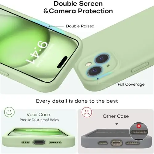 Vooii iPhone 15 uchun g'ilofi, yangilangan Defender suyuq silikon, [kuchaytirilgan kamera himoyasi] [yumshoq tirnalishga qarshi mikrofiber astar] iPhone 15 6.1 dyuym uchun zarbga chidamli telefon g'ilofi - Matcha - 3