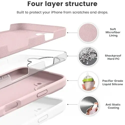 Vooii iPhone 16 Case bilan mos keladi, Suyuq silikon yangilanish [Kamera himoyasi] [Yumshoq tirnalishga qarshi mikrofiber astar] iPhone 16 6.1 dyuym uchun zarbga chidamli telefon qutisi - Chalk pushti - 2