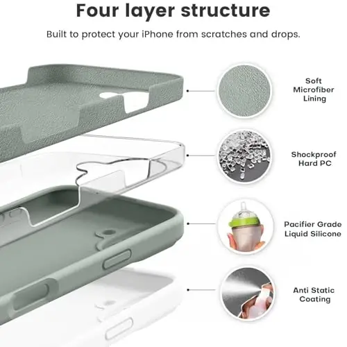 Vooii iPhone 16 g'ilofi bilan mos keladi, suyuq silikon yangilanishi [Kamera himoyasi] [Yumshoq tirnalishga qarshi mikrofiber astar] iPhone 16 6.1 dyuym uchun zarbga chidamli telefon g'ilofi - Calke Green - 2