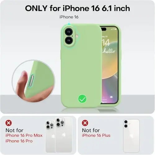 Vooii iPhone 16 g'ilofi bilan mos keladi, suyuq silikon yangilanishi [Kamera himoyasi] [Yumshoq tirnalishga qarshi mikrofiber astar] iPhone 16 6.1 dyuym uchun zarbga chidamli telefon g'ilofi - Matcha - 5