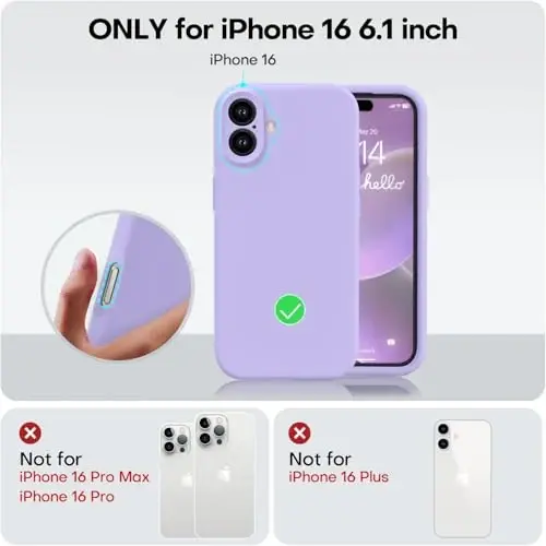 Vooii iPhone 16 g'ilofi bilan mos keladi, suyuq silikon yangilanishi [Kamera himoyasi] [Yumshoq tirnalishga qarshi mikrofiber astar] iPhone 16 6.1 dyuym uchun zarbga chidamli telefon g'ilofi - och binafsha - 5