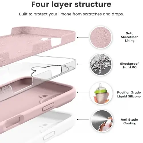 Vooii iPhone 16 gʻilofi bilan mos keladi, suyuq silikon yangilanishi [Kamera himoyasi] [Yumshoq tirnalishga qarshi mikrofiber astar] iPhone 16 6.1 dyuym uchun zarbga chidamli telefon gʻilofi - Pushti qum - 2