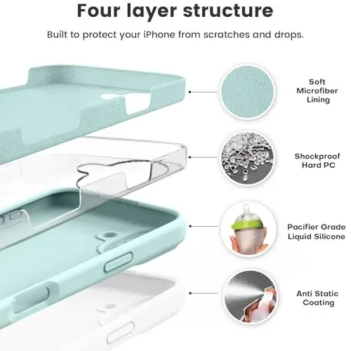 Vooii iPhone 16 g‘ilofi bilan mos keladi, suyuq silikon yangilanishi [Kamera himoyasi] [Yumshoq tirnalishga qarshi mikrofiber astar] iPhone 16 6.1 dyuym uchun zarbga chidamli telefon g‘ilofi - yalpiz - 2