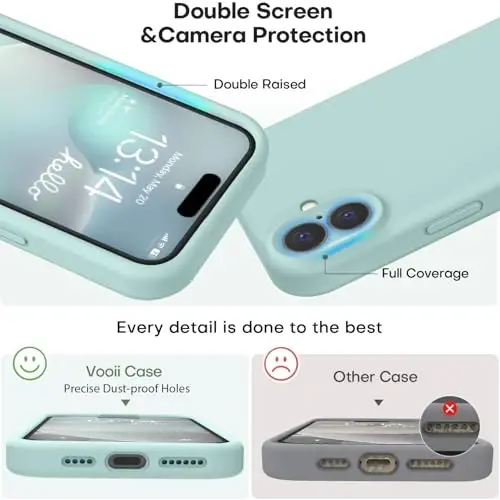 Vooii iPhone 16 g‘ilofi bilan mos keladi, suyuq silikon yangilanishi [Kamera himoyasi] [Yumshoq tirnalishga qarshi mikrofiber astar] iPhone 16 6.1 dyuym uchun zarbga chidamli telefon g‘ilofi - yalpiz - 3