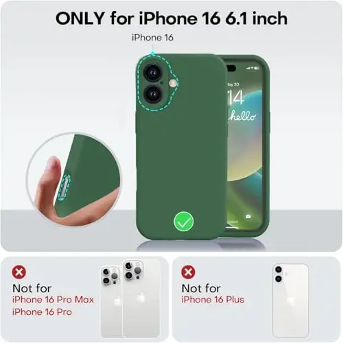 Vooii iPhone 16 g‘ilofi bilan mos keladi, suyuq silikon yangilanishi [Kamera himoyasi] [Yumshoq tirnalishga qarshi mikrofiber astar] iPhone 16 6.1 dyuym uchun zarbga chidamli telefon g‘ilofi - Yashil - 5