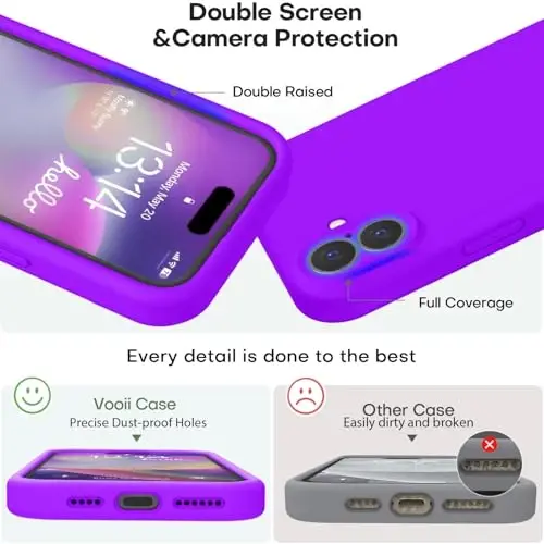 Vooii iPhone 16 g‘ilofi bilan mos, suyuq silikon yangilanishi [Kamera himoyasi] [Yumshoq tirnalishga qarshi mikrofiber astar] iPhone 16 6.1 dyuym uchun zarbaga chidamli telefon g‘ilofi - Neon binafsha - 3
