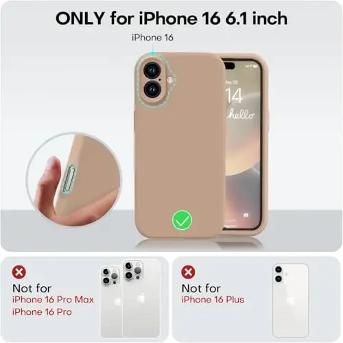 Vooii iPhone 16 g‘ilofi bilan mos, suyuq silikon yangilanishi [Kamera himoyasi] [Yumshoq tirnalishga qarshi mikrofiber astar] iPhone 16 6.1 dyuym uchun zarbaga chidamli telefon g‘ilofi - och jigarrang - 5