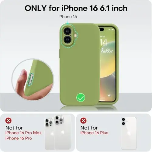 Vooii iPhone 16 g‘ilofi bilan mos, suyuq silikon yangilanishi [Kamera himoyasi] [Yumshoq tirnalishga qarshi mikrofiber astar] iPhone 16 6.1 dyuym uchun zarbga chidamli telefon g‘ilofi - Cedar Green - 5