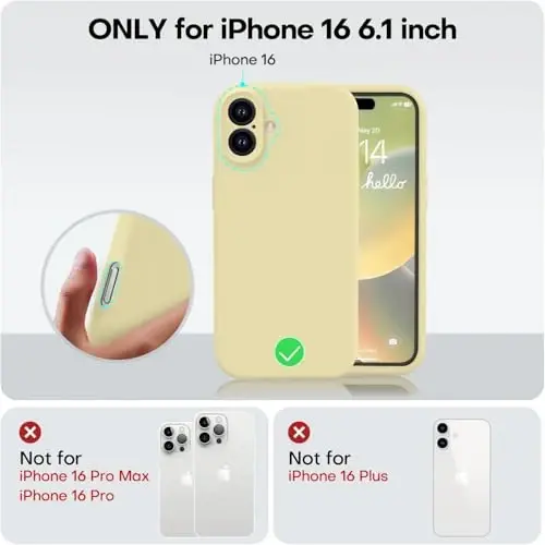 Vooii iPhone 16 g‘ilofi bilan mos, suyuq silikon yangilanishi [Kamera himoyasi] [Yumshoq tirnalishga qarshi mikrofiber astar] iPhone 16 6.1 dyuym uchun zarbga chidamli telefon g‘ilofi - Kremli sariq - 5