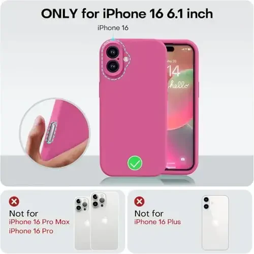 Vooii iPhone 16 g‘ilofi bilan mos, suyuq silikon yangilanishi [Kamera himoyasi] [Yumshoq tirnalishga qarshi mikrofiber astar] iPhone 16 6.1 dyuym uchun zarbga chidamli telefon g‘ilofi - Pitaya - 5