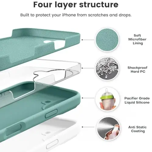 Vooii iPhone 16 g‘ilofi bilan mos, suyuq silikon yangilanishi [Kamera himoyasi] [Yumshoq tirnalishga qarshi mikrofiber astar] iPhone 16 6.1 dyuym uchun zarbga chidamli telefon g‘ilofi - qarag‘ay yashili - 2