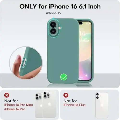Vooii iPhone 16 g‘ilofi bilan mos, suyuq silikon yangilanishi [Kamera himoyasi] [Yumshoq tirnalishga qarshi mikrofiber astar] iPhone 16 6.1 dyuym uchun zarbga chidamli telefon g‘ilofi - qarag‘ay yashili - 5