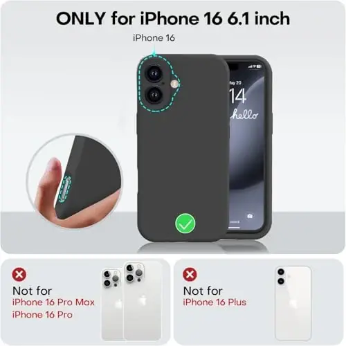 Vooii iPhone 16 g'ilofi bilan mos, suyuq silikon yangilanishi [Kamera himoyasi] [Yumshoq tirnalishga qarshi mikrofiber astar] iPhone 16 6.1 dyuym uchun zarbga chidamli telefon g'ilofi - Qora - 5