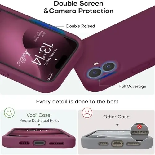 Vooii iPhone 16 g‘ilofi bilan mos, suyuq silikon yangilanishi [Kamera himoyasi] [Yumshoq tirnalishga qarshi mikrofiber astar] iPhone 16 6.1 dyuym uchun zarbga chidamli telefon g‘ilofi - WineRed - 3